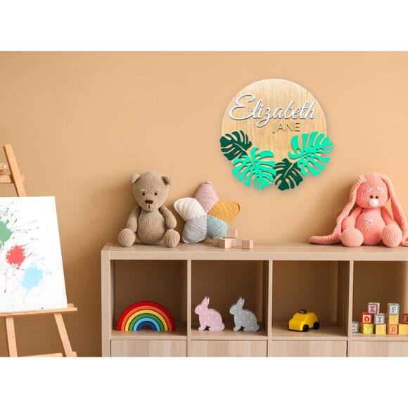 Custom Wooden Name Sign - Modern Tropical Monstera Leaves Personalized Gift - Picture 4 of 10